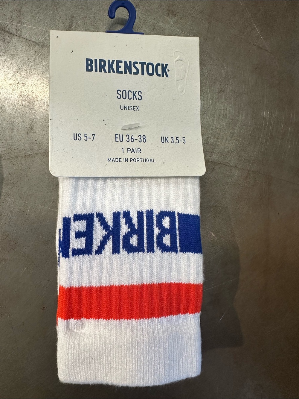Birkenstock White Crew Socks with Blue Logo and Red Stripe